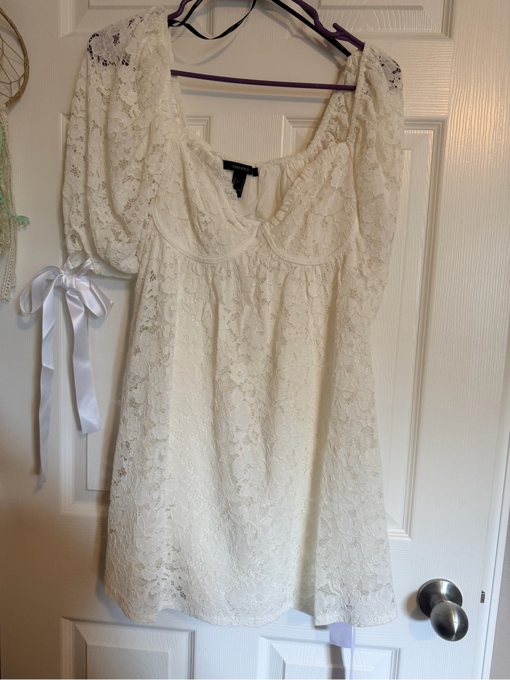 Forever 21 Ivory Lace Puff-Sleeve Mini Dress